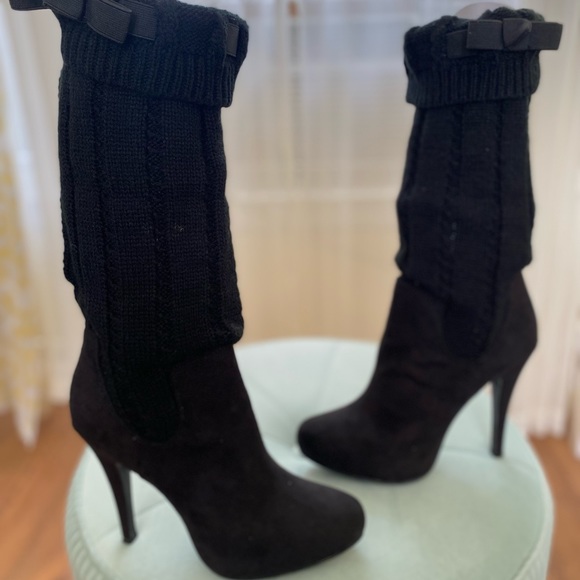 Bakers Shoes Bakers Black Knitted Platform Boots With Black Suede